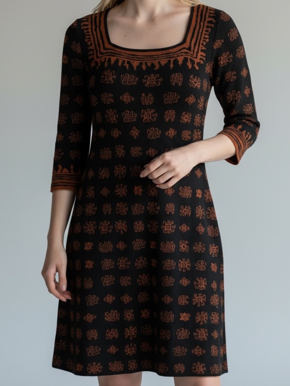 Peruvian Connection square neck mini dress black rust small